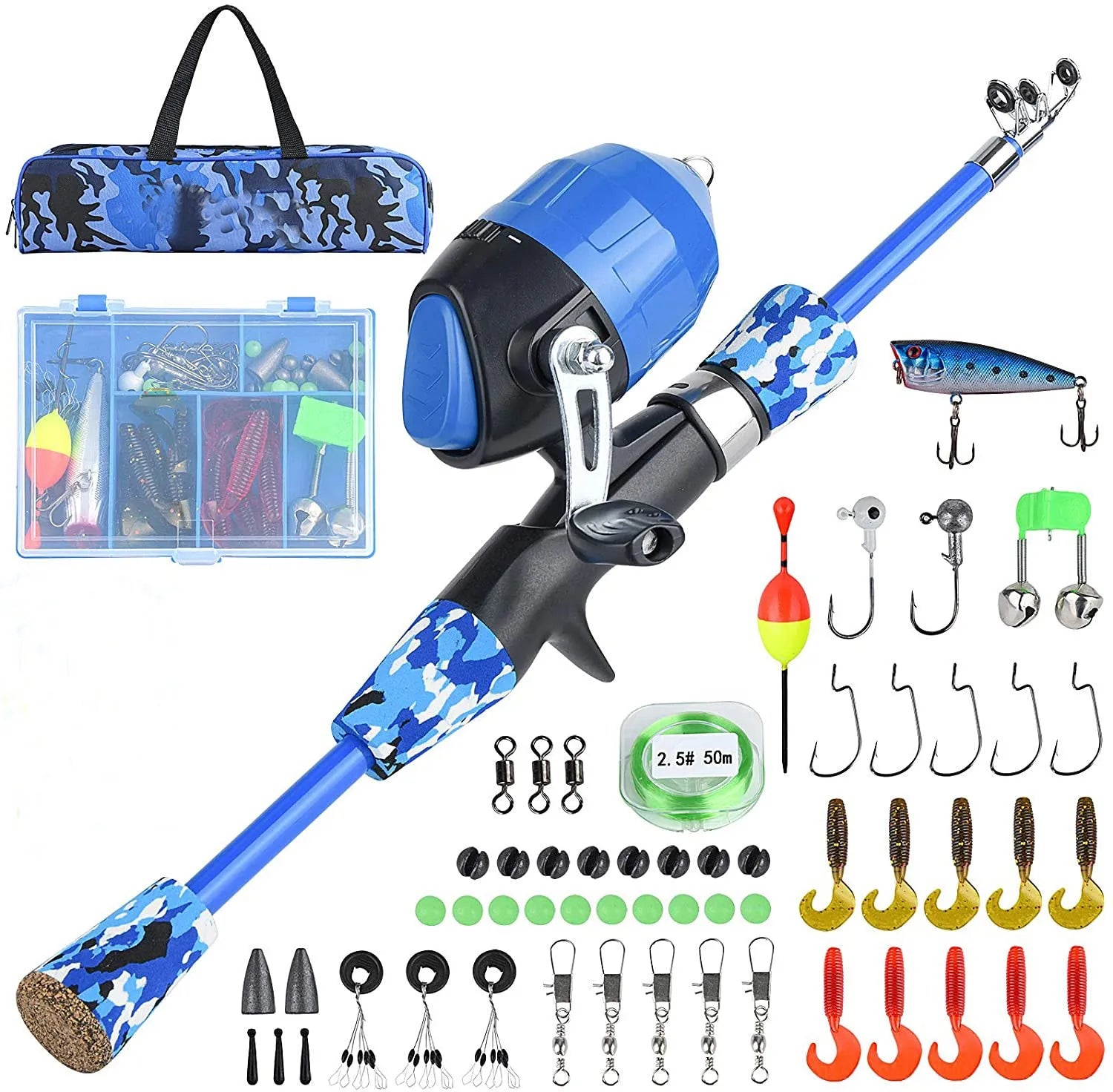 Blue children's telescopic carbon fishing rod with EVA grip and reel kit in carry bag