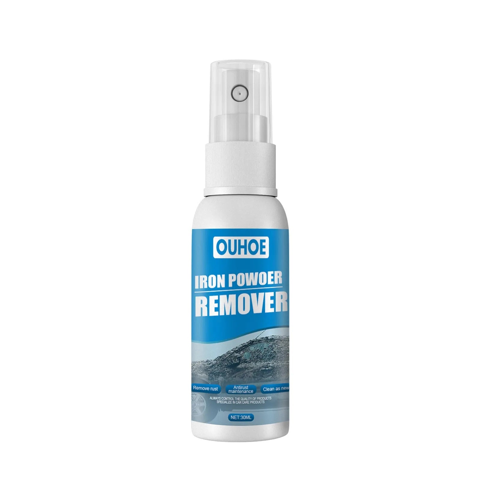 Car rust remover spray bottle with blue square sponge and microfibre towel for automotive corrosion treatment