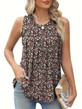 Black plus size floral print sleeveless vest on a hanger, showing loose fit and round neck.