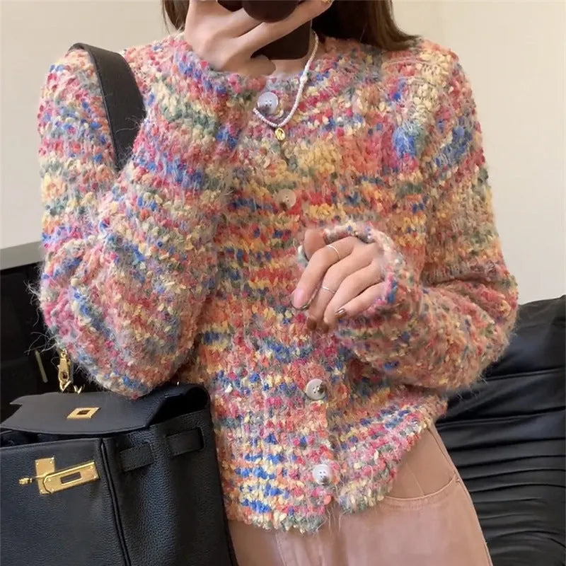 Pink and green rainbow pattern knitted cardigan sweater in retro gentle idle style