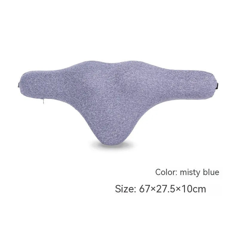 Dark grey memory foam car headrest pillow shown on car seat, measuring 67x10x27.5 cm.