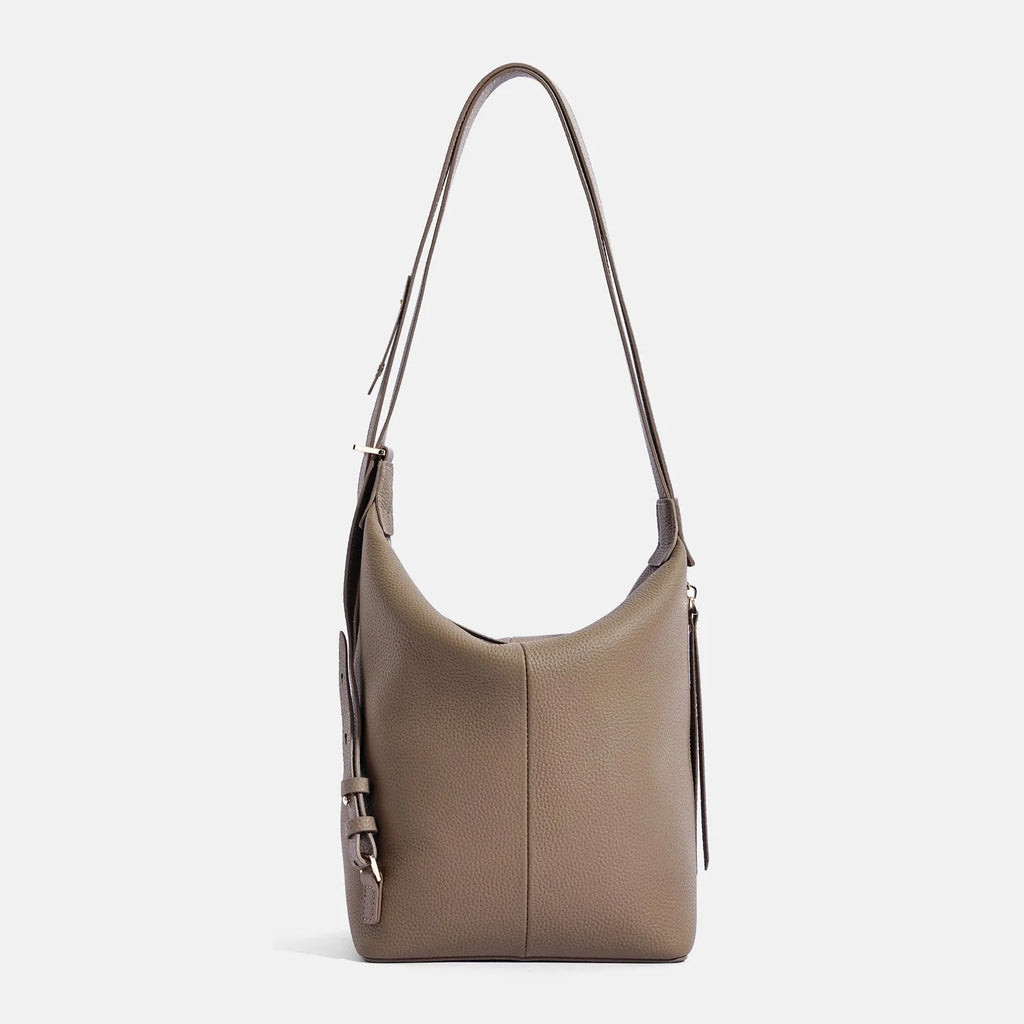 Women's soft genuine leather large bucket bag in elephant grey colour showing bucket silhouette and shoulder strap