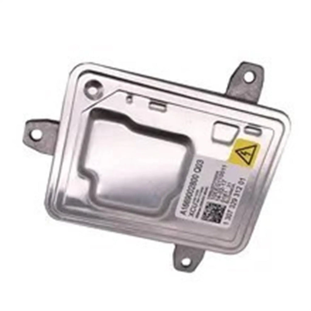 Metal headlight ballast replacement part measuring 14 by 11 by 4.5 centimetres.