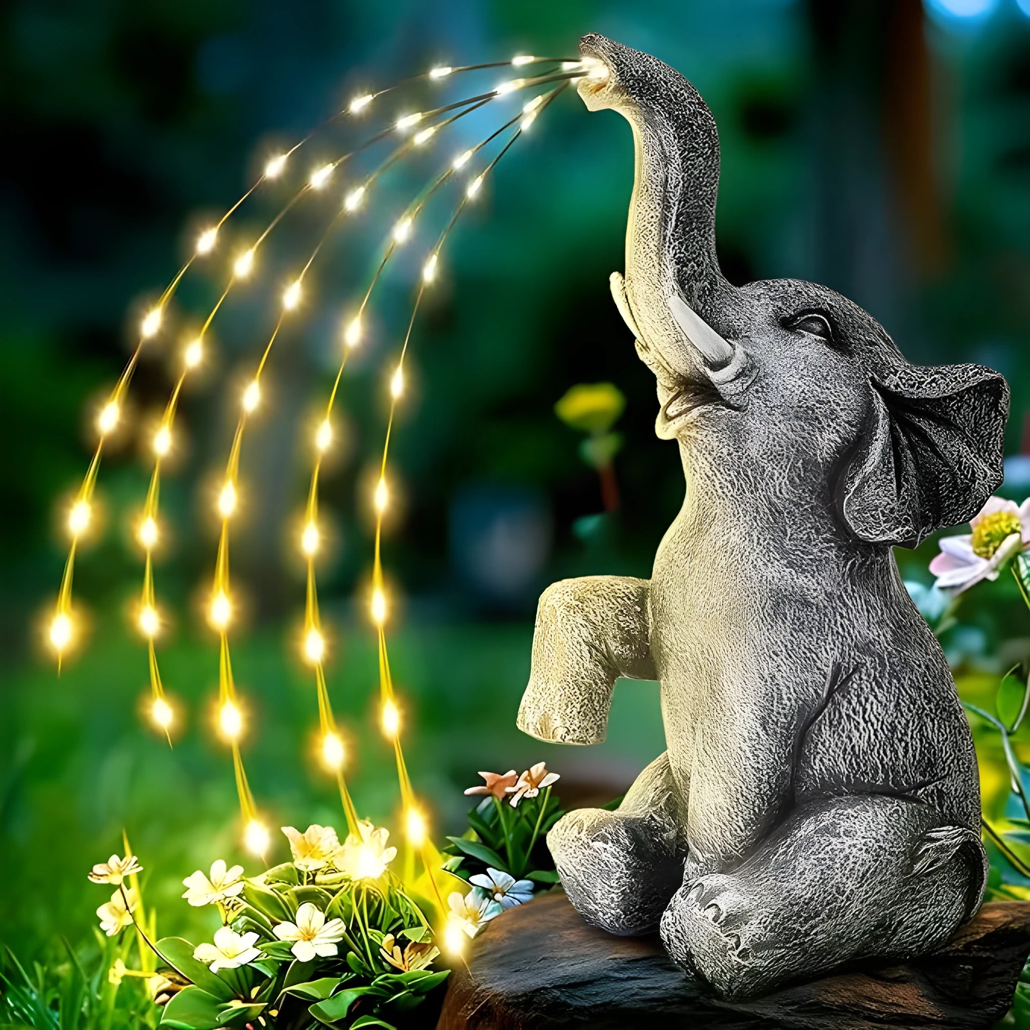 Resin elephant garden statue with built-in LED light strip on grass.