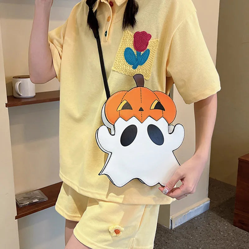 Halloween White PU crossbody shoulder bag with 3D cartoon pumpkin and ghost design for women