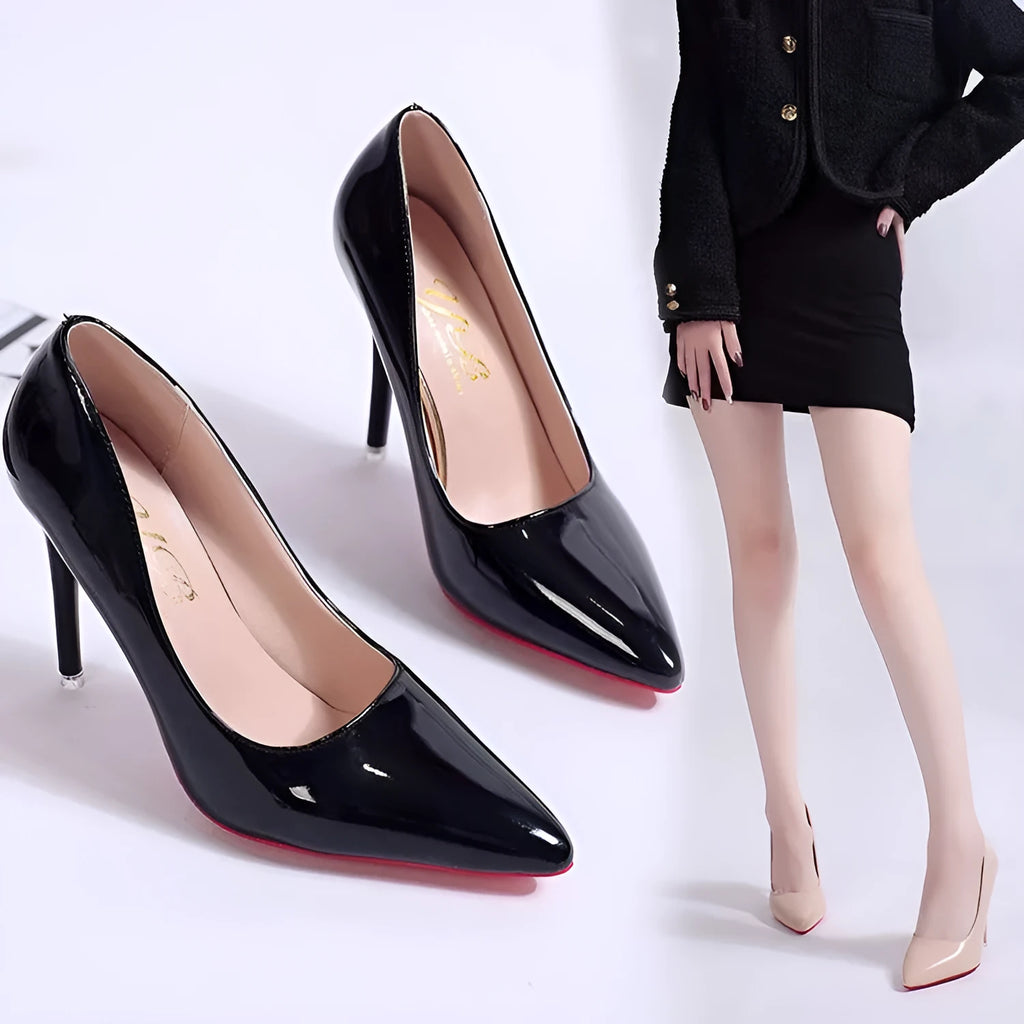 Women's black stiletto heel pumps with pointed toe and shallow mouth design