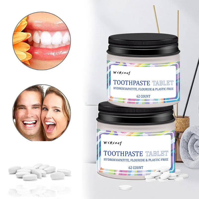 Portable mint toothpaste tablets in white container, 62 pieces for travel dental care