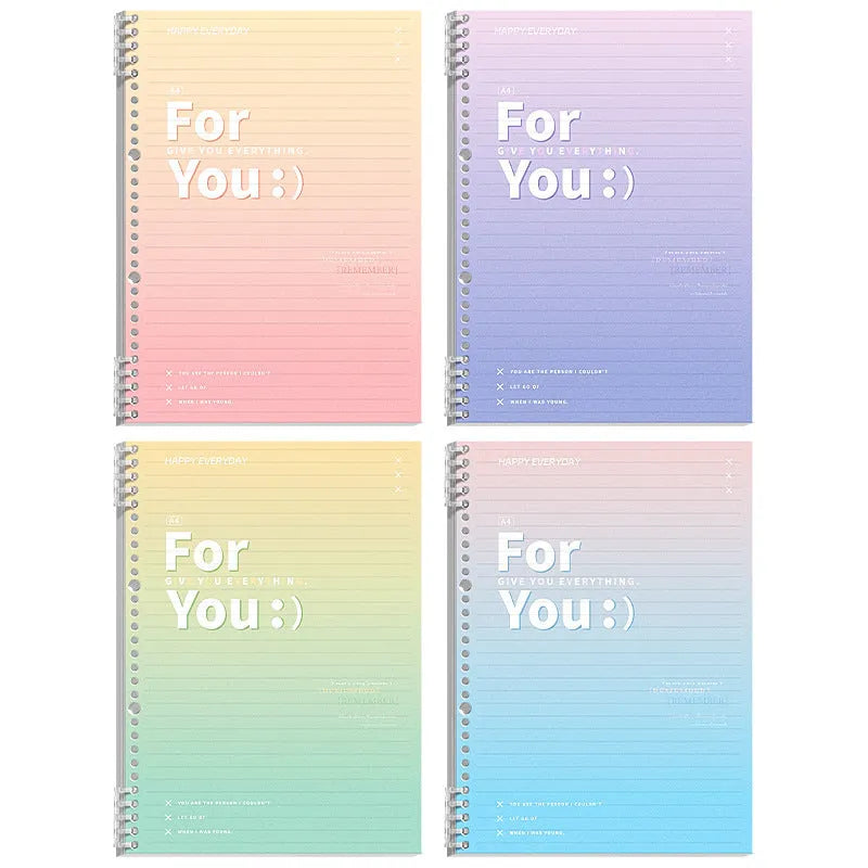 Removable coil gradient notebook with polypropylene cover in blue, green, pink, or purple colours.