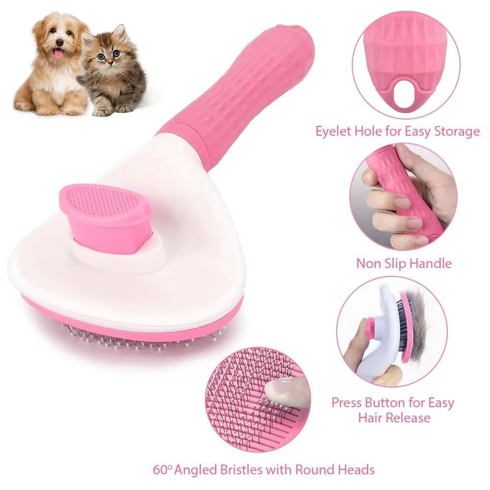 Blue, grey, and pink cat grooming brush with a release button for removing pet hair.