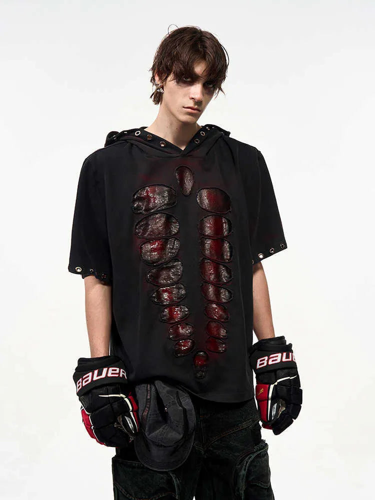 Men's black loose-fit hooded t-shirt with short sleeves and sequin decoration.