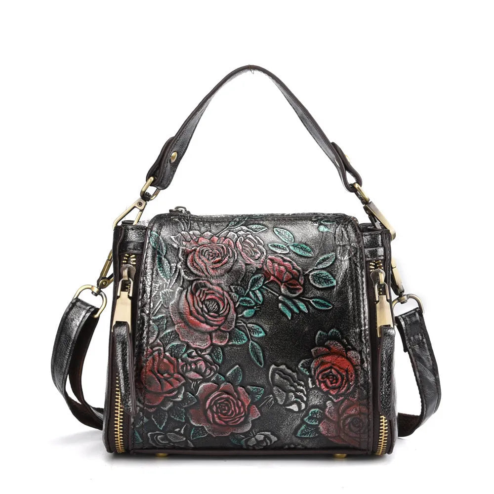 Genuine leather square women's shoulder bag with contrast lining and multiple internal compartments