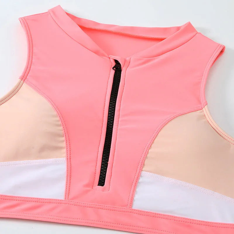Pink high waist split bikini swimsuit with briefs design and mesh lining
