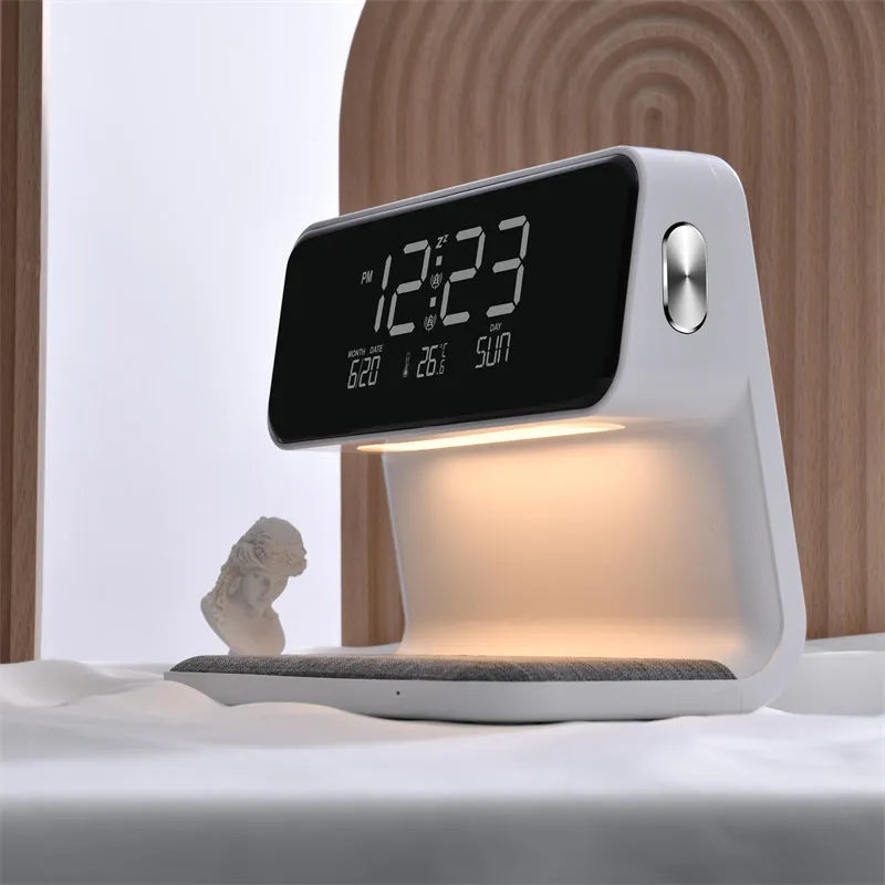 White 3-in-1 bedside table lamp with wireless charging pad, LCD screen, and touch dimmer.