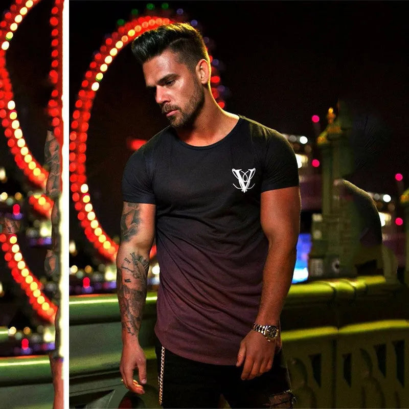 Men's 95% cotton muscle fitness top short sleeve crew neck t-shirt in black blue for gym training