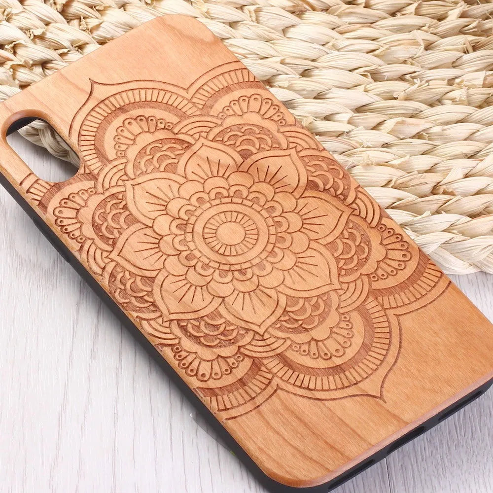 Mandala Stick Wood TPU Phone Case for iPhone 11 Pro Max in brown with laser-carved wood pattern