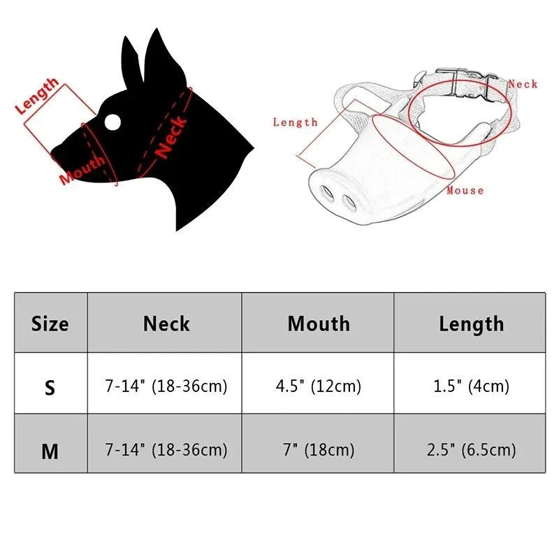 Blue and green silicone anti-bite mouth covers for dogs in two sizes on a white background.