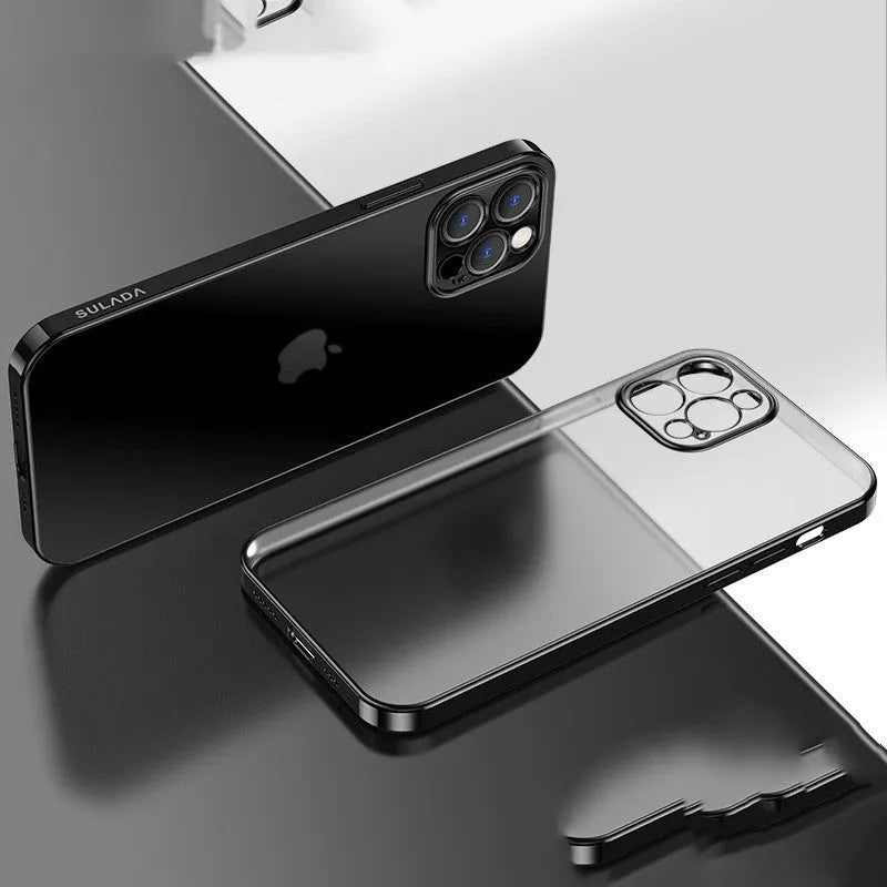 Clear matte square frame silicone phone case for iPhone showing transparent design with coloured accents