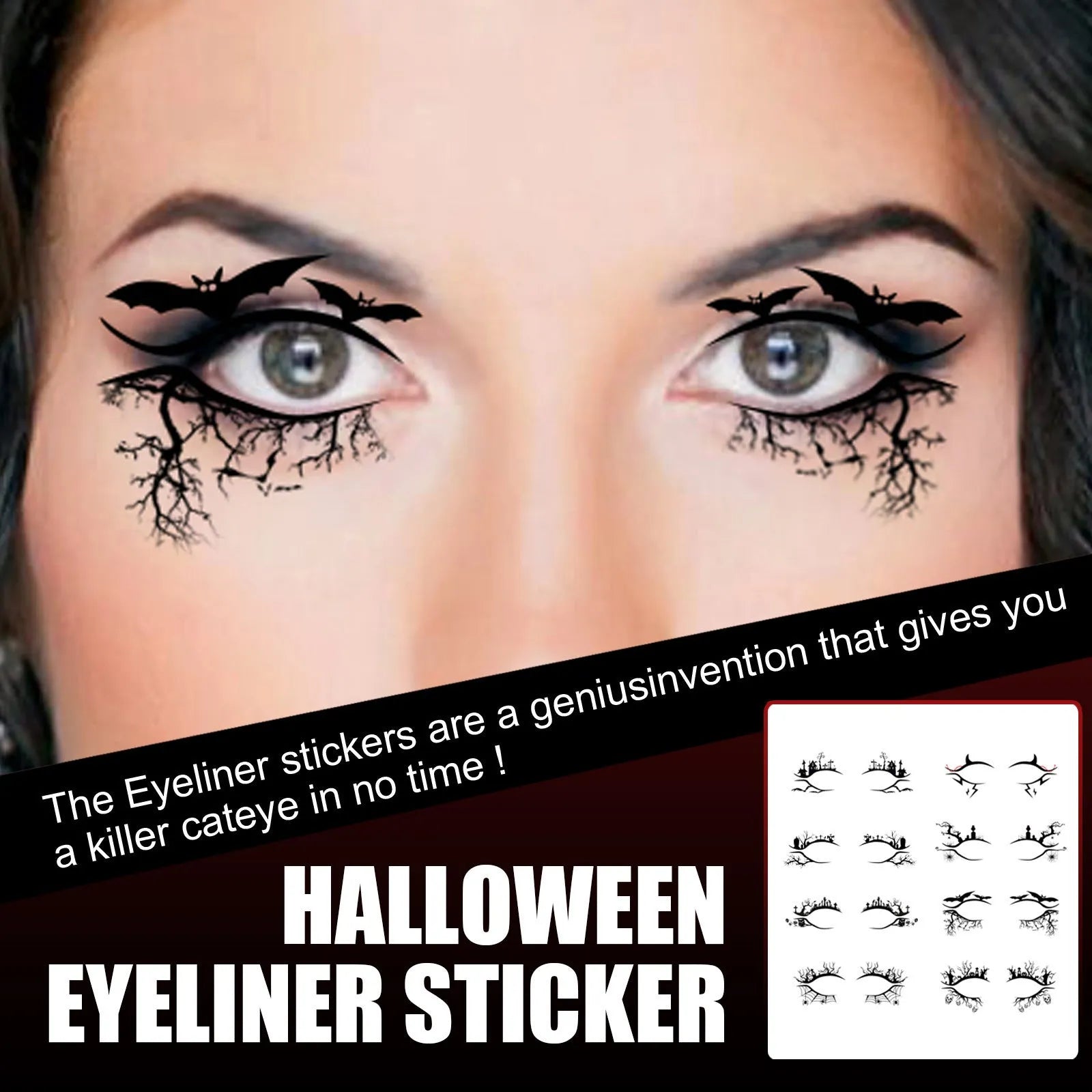 Set of eight pairs of bat and spider decorative eyeliner stickers for makeup application