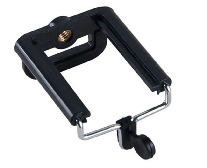 Black mini desktop camera tripod with extended legs and a U-shaped phone clip attached, on a white background.