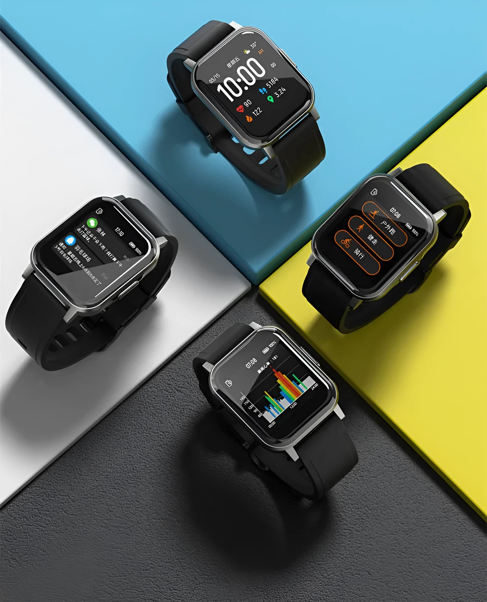 Black waterproof smart bracelet with 1.4-inch screen showing health metrics on silicone wrist strap