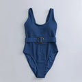 Navy blue women's one-piece triangle swimsuit with chest pads and sleeveless design