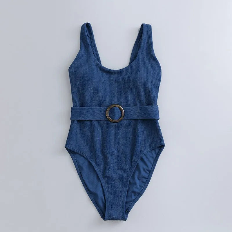 Navy blue women's one-piece triangle swimsuit with chest pads and sleeveless design