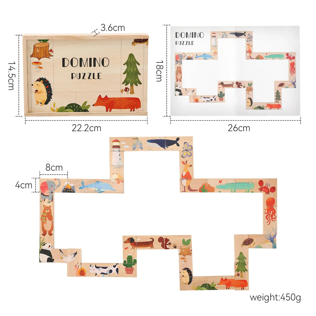 Wooden children's animal domino puzzle tiles with colourful illustrations, size 22.2 x 14.5 x 3.6 cm