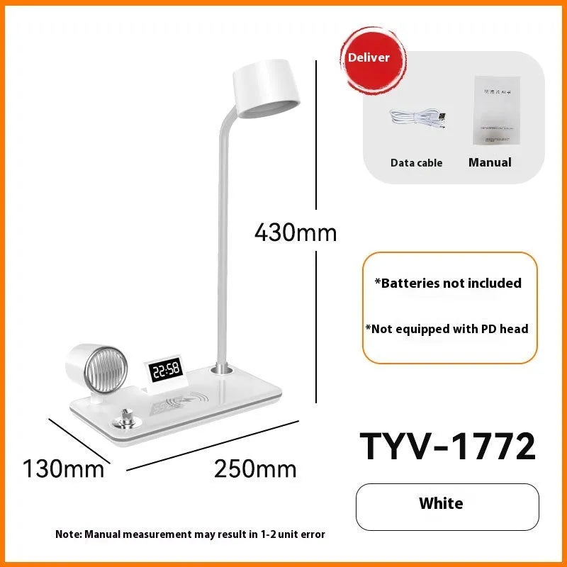 Black and white wireless charging desk lamp with digital clock display and USB power connection