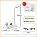 Black and white wireless charging desk lamp with digital clock display and USB power connection