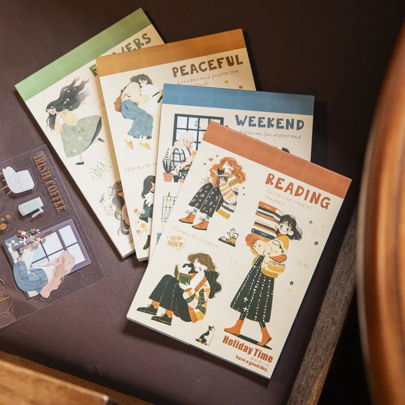 Double material retro sticker book with character and landscape printed motifs in quiet reading time style