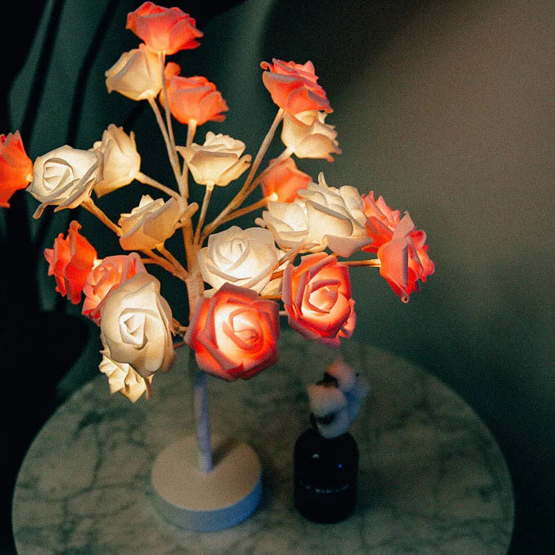 White and red rose flower LED table lamp with bonsai tree design and warm white lights
