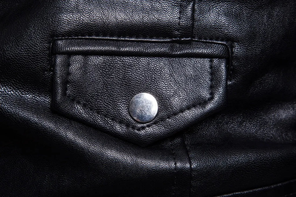 Men's black sheepskin leather jacket with suit collar and zipper front, regular fit, on display