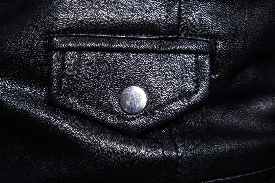 Men's black sheepskin leather jacket with suit collar and zipper front, regular fit, on display