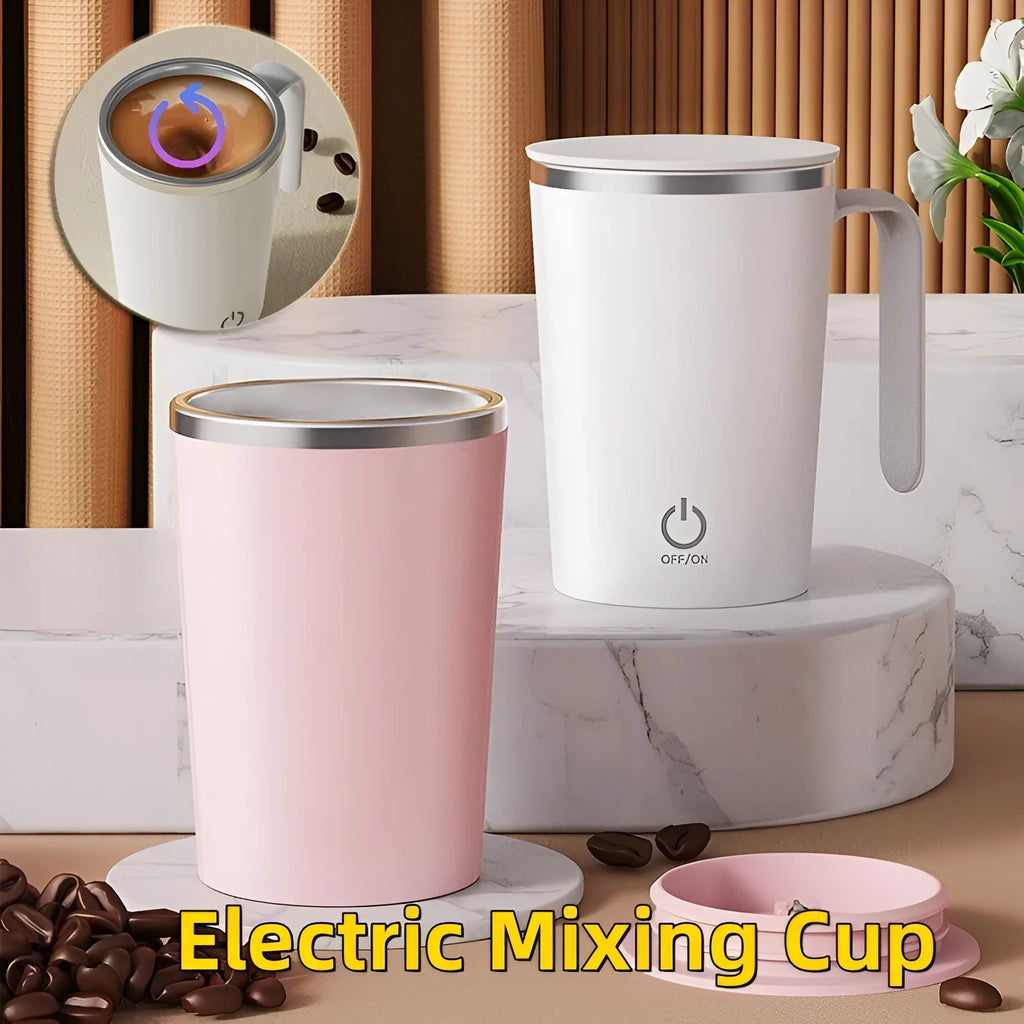 White automatic electric mixing cup with USB cable on a table.