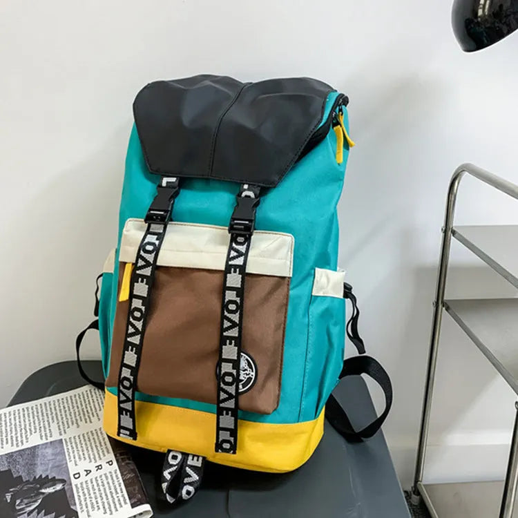 Oxford cloth fashion backpack in black, green, or red, shown with adjustable straps for multiple carrying styles.