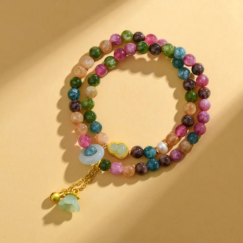 Women's natural chalcedony double ring bracelet with geometric 6-6.5mm beads in C118 colour