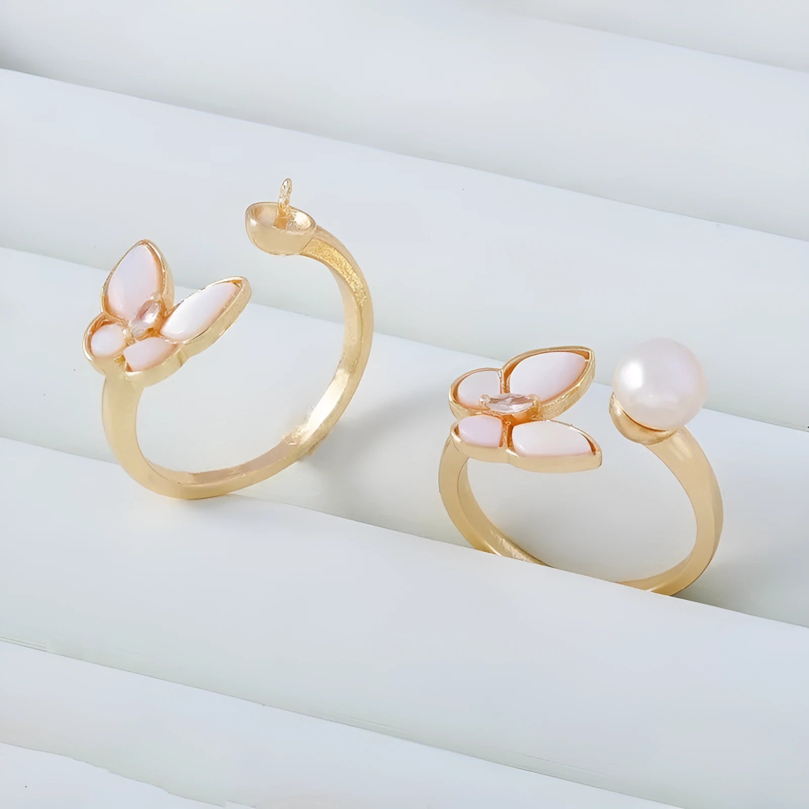 14K gold-plated C-type ring with white shell butterfly pearl and clear zircon stones on adjustable open band