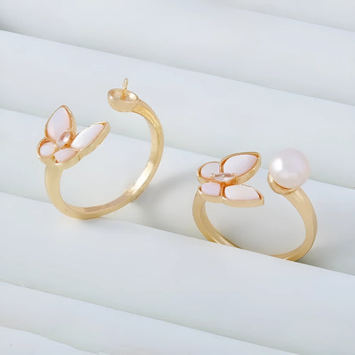 14K gold-plated C-type ring with white shell butterfly pearl and clear zircon stones on adjustable open band