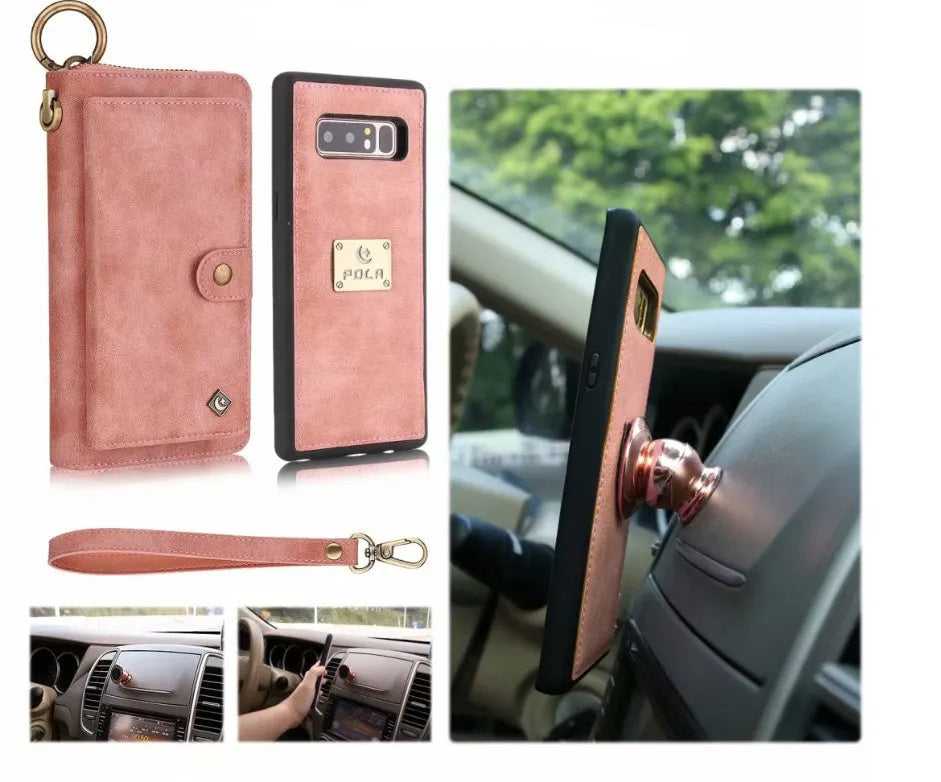 Black imitation leather zipper wallet phone case open to show card slots and phone space.