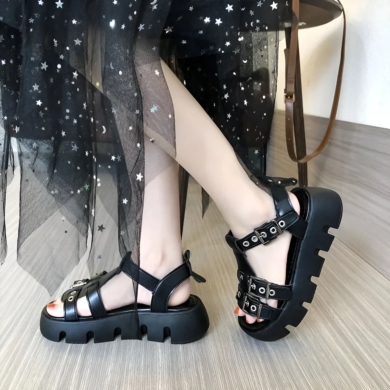 Women's platform sandals with PU upper and rubber sole in apricot colour flat open toe design
