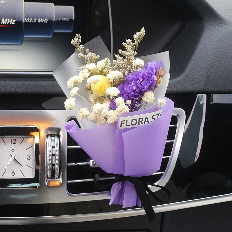 Car vent mounted dried flower bouquet decorative accessory in various floral styles