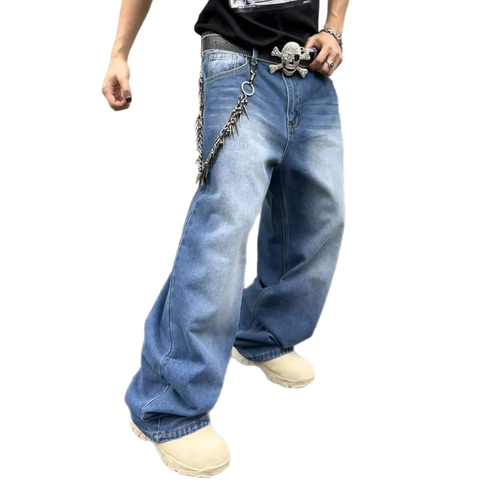 Men's sky blue straight loose jeans in cotton denim with zip fly, front view
