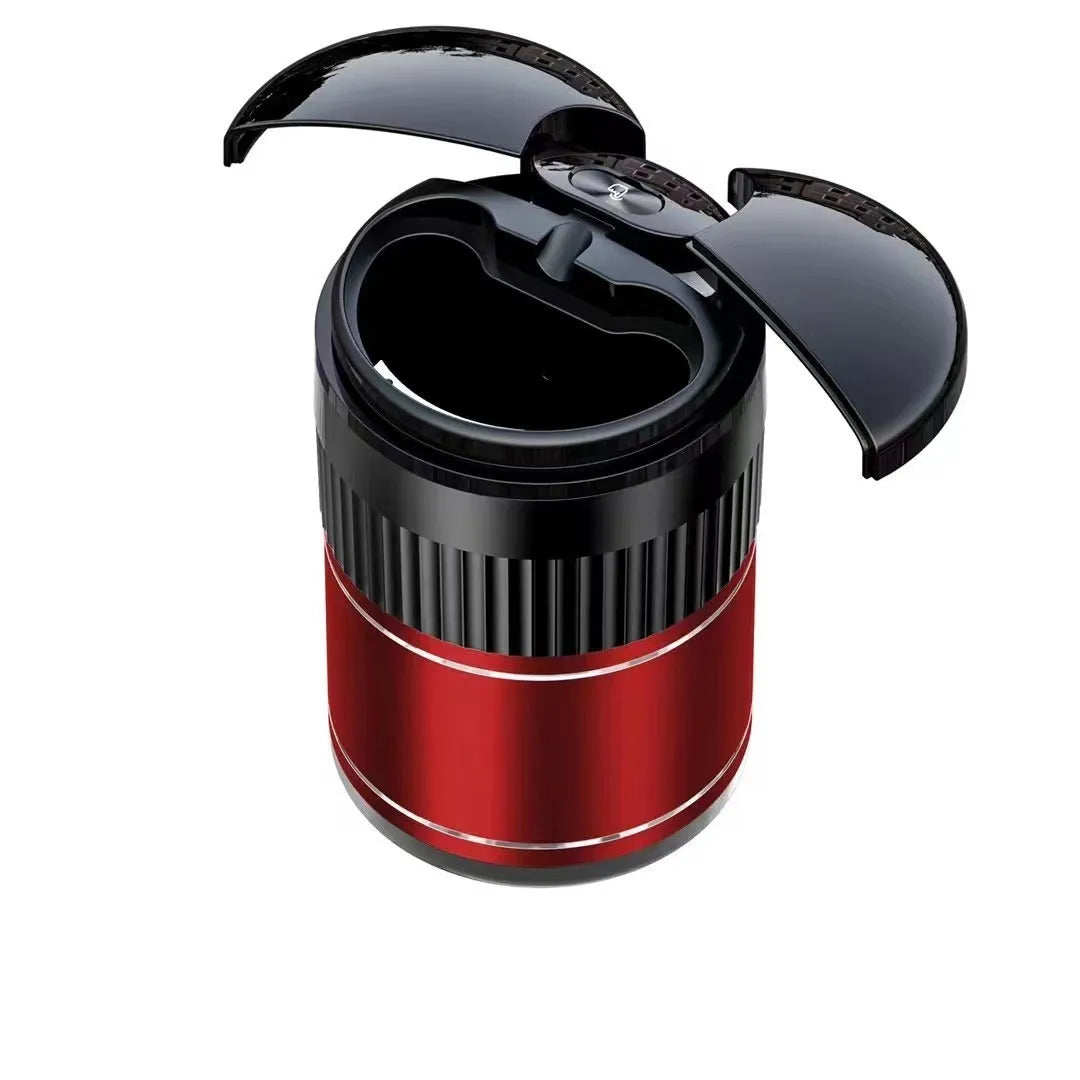 Smart infrared and touch control metal car ashtray with lid in black, measuring 113mm.