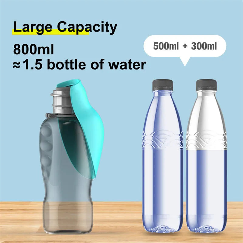 Blue grey portable dog water bottle with foldable drinking bowl showing 800ml capacity markings