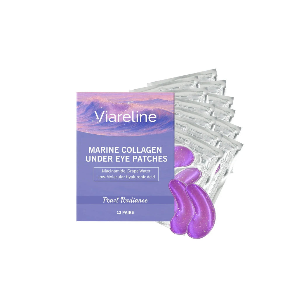 Collagen eye mask set showing 12 individually sealed hydrogel patches for eye area application