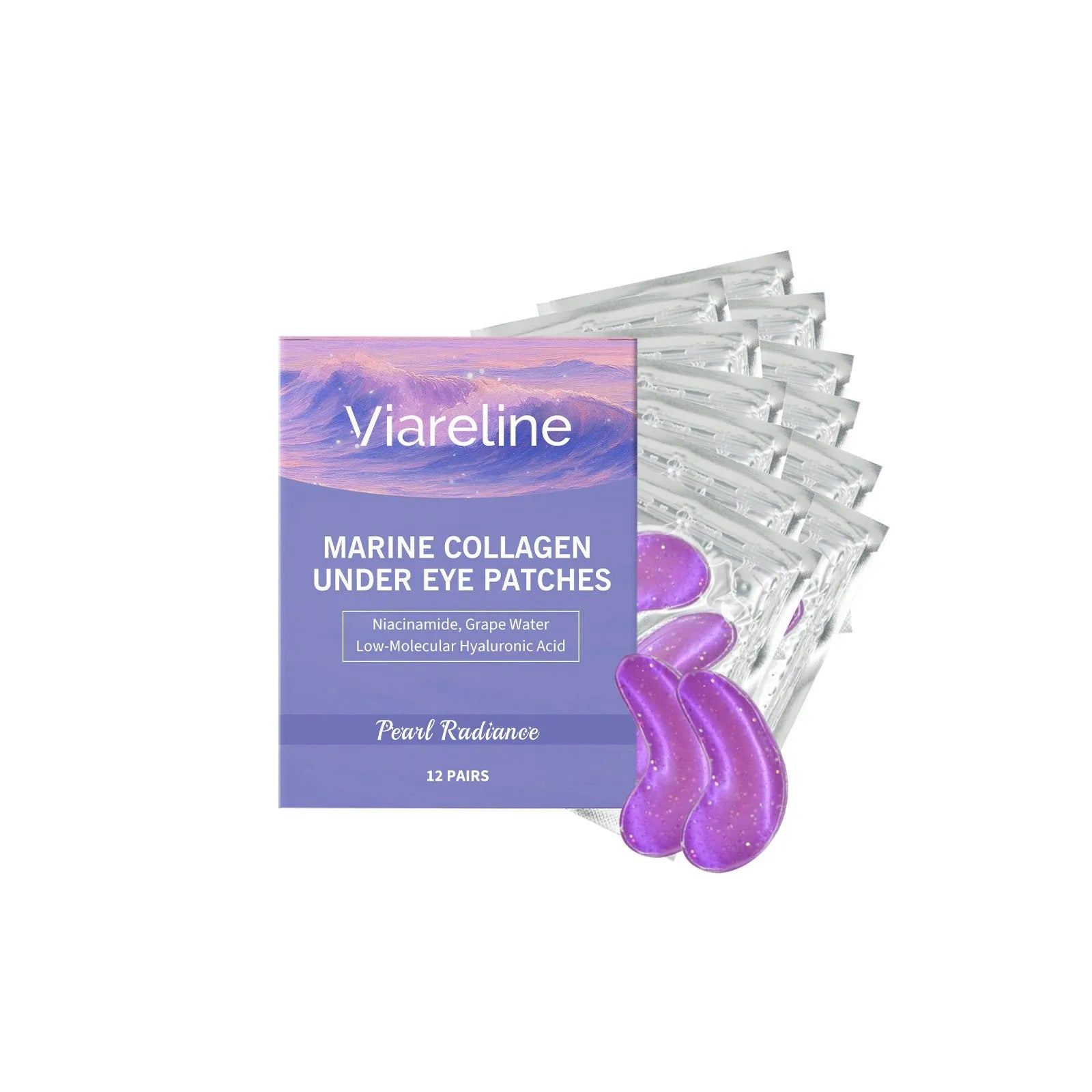 Collagen eye mask set showing 12 individually sealed hydrogel patches for eye area application