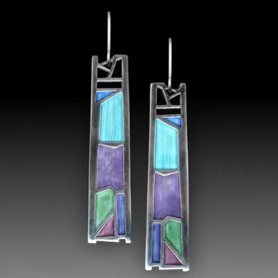 Silver water drop shaped alloy earrings with irregular oil colour pattern design