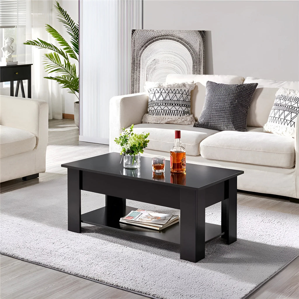Black lifting coffee table with plate type surface in modern simplicity style for living room or office multi-function use