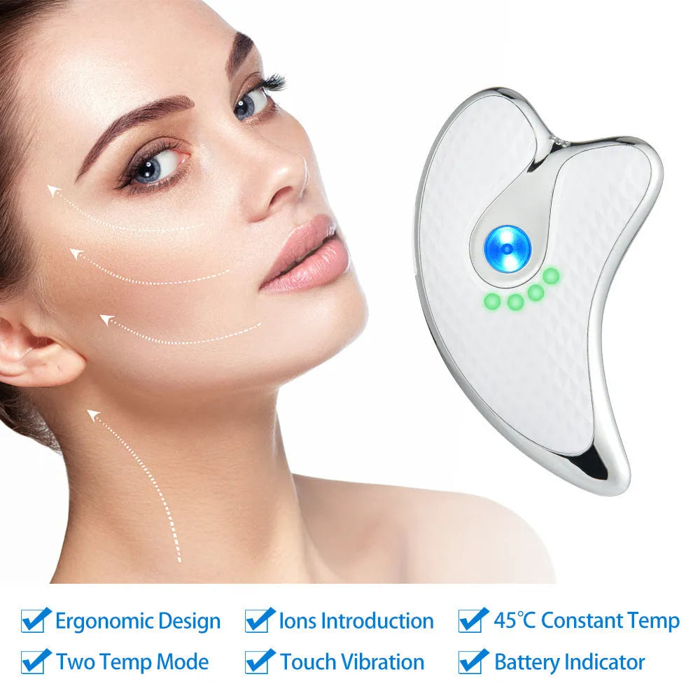 White rechargeable vibrating facial massager scraping board with ergonomic 360° surround design
