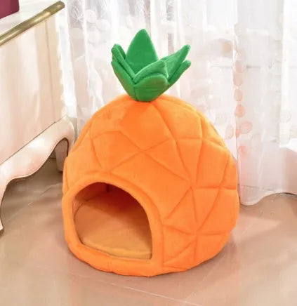 Orange pineapple trumpet pet bed in cloth, sizes S and L, with anti-slip bottom option for small pets.